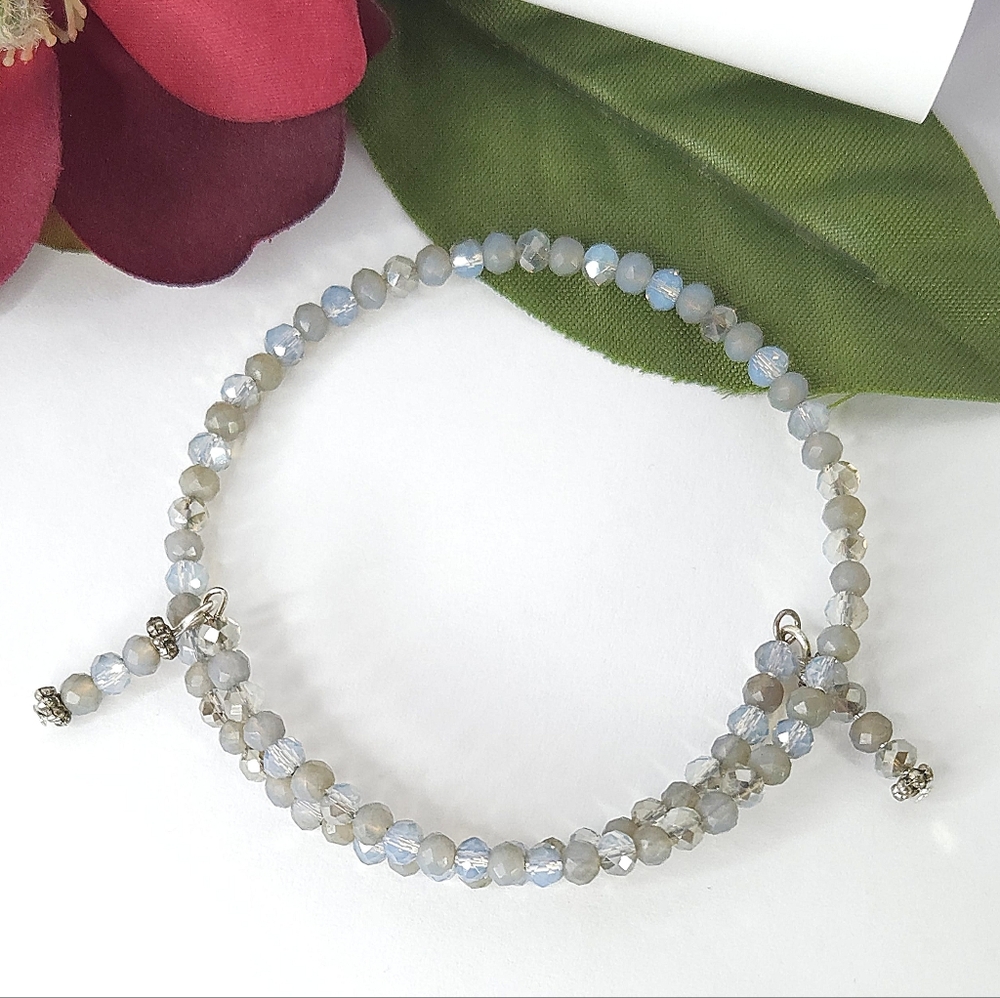 Handmade Petite Blue Opal & AB Silver Crystal Beaded Wrap Bracelet
